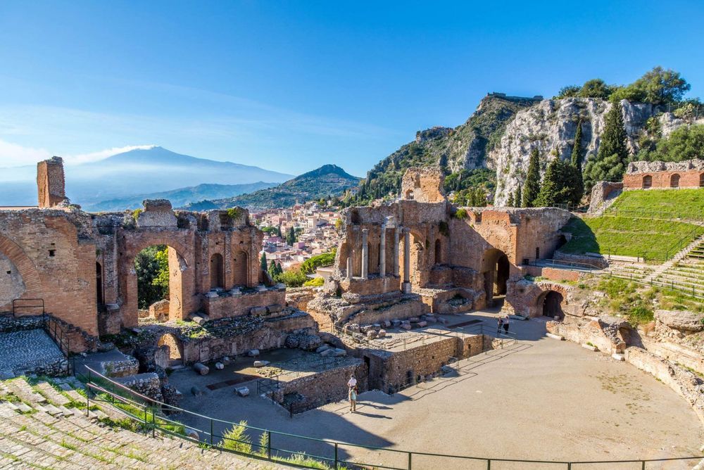 The stage of Taormina's Greek Theater with the Etna in the background, Taormina, Sicily ©  K. Roy Zerloch/Shutterstock