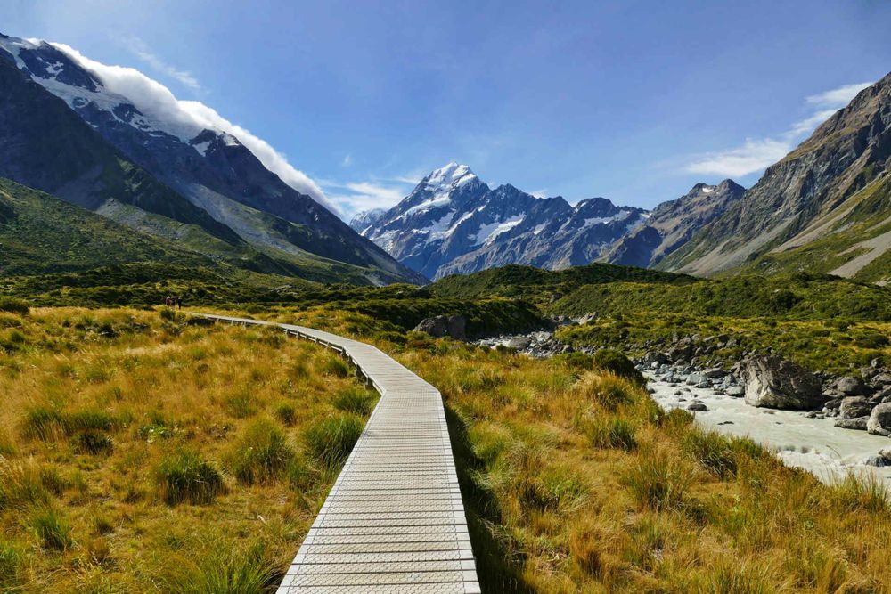 A path through Hooker valley wit a view of Mount Cook, New Zealand