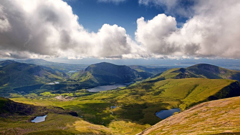 The mountains and lakes of Snowdonia National Park, looking from Mount Snowdon from the Llanberis Pass