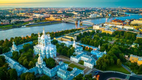 Smolny cathedral with Bolsheokhtinsky bridge St Petersburg, Russia