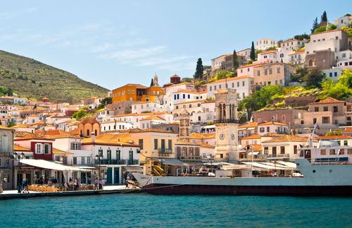 View to the port of Hydra Island, Greece, and architecture of the island