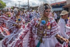 Women in the national pollera dress, Panama