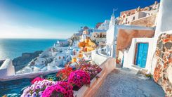 Santorini, Greece. Picturesq view of traditional cycladic Santorini houses on small street with flowers in foreground. Location: Oia village, Santorini, Greece © Shutterstock